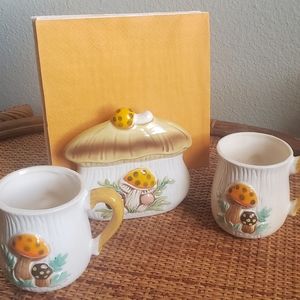 Vintage mushroom mugs and napkin holder